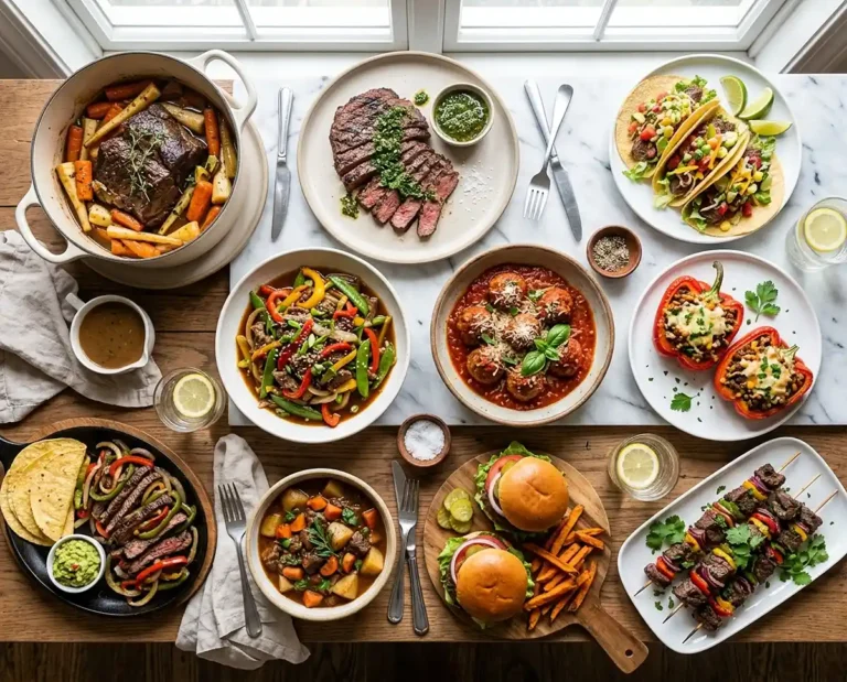 Assortment of gluten-free beef recipes including pot roast, glazed meatloaf, and beef tacos on a modern kitchen counter
