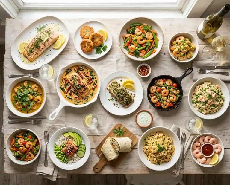 Assortment of gluten-free seafood recipes including herb-crusted salmon, garlic shrimp, and teriyaki salmon bowl on a modern kitchen counter