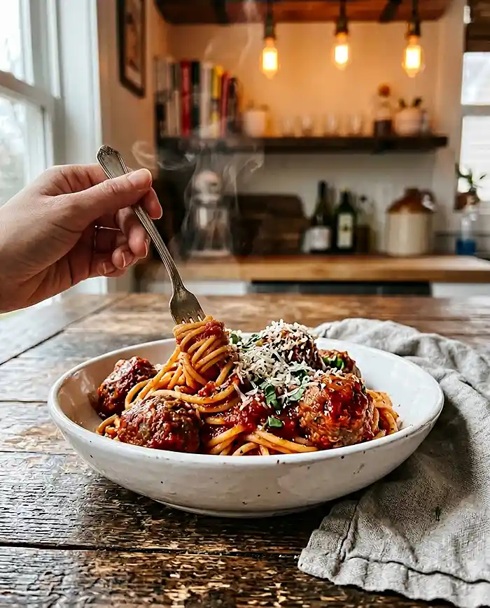 Bowl of gluten-free spaghetti and meatballs with marinara sauce and Parmesan cheese in a cozy kitchen setting