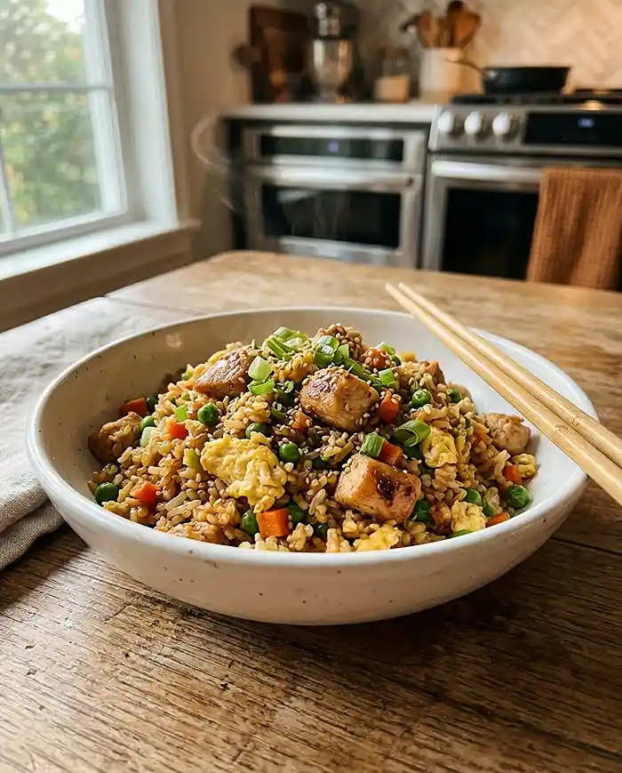 Bowl of homemade gluten-free chicken fried rice with chopsticks in a modern kitchen setting