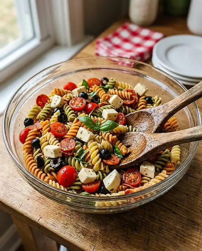 Colorful gluten-free Italian pasta salad with vegetables and cheese in a glass serving bowl ready for a potluck