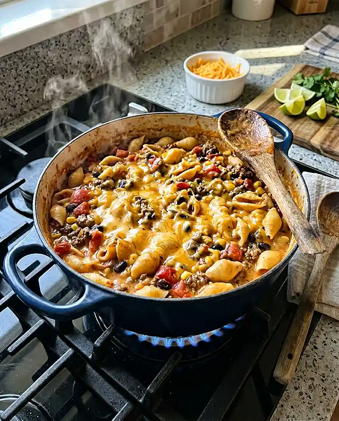 Creamy gluten-free one-pot taco pasta cooking in a Dutch oven on a home stovetop