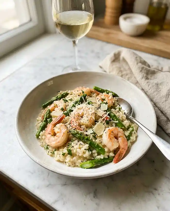 16 Gluten-Free Seafood Recipes 20 Creamy gluten-free shrimp and asparagus risotto in a white bowl with fresh Parmesan on a kitchen counter