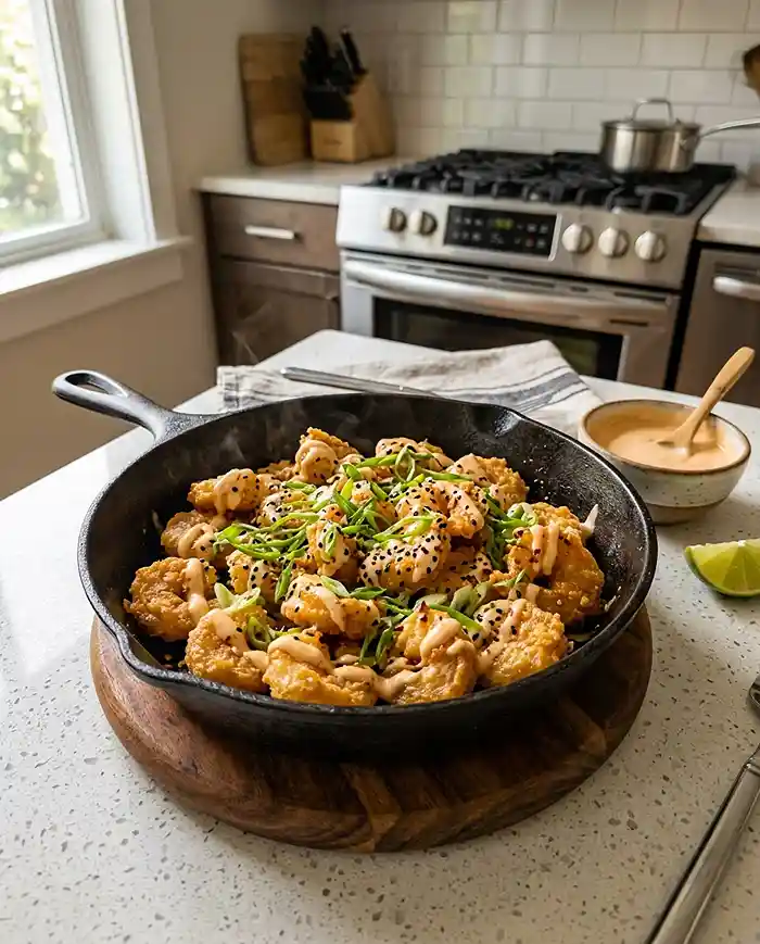 16 Gluten-Free Seafood Recipes 9 Crispy gluten-free bang bang shrimp in a cast iron skillet with creamy spicy sauce in a modern kitchen