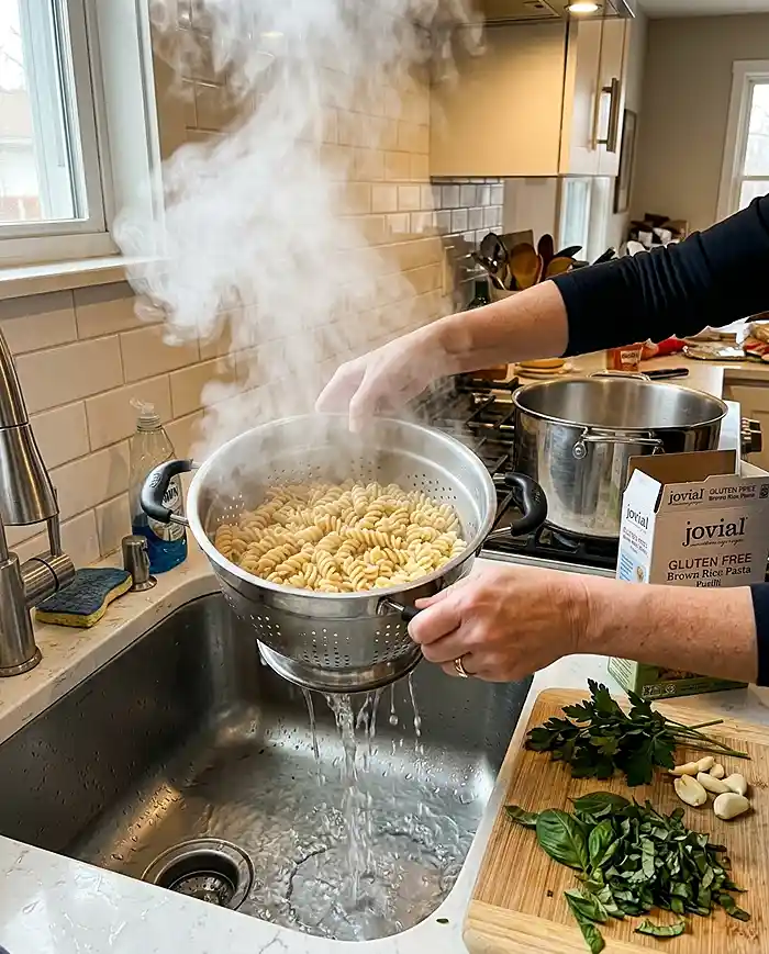 Draining freshly cooked gluten-free pasta in a colander with steam rising in a modern kitchen