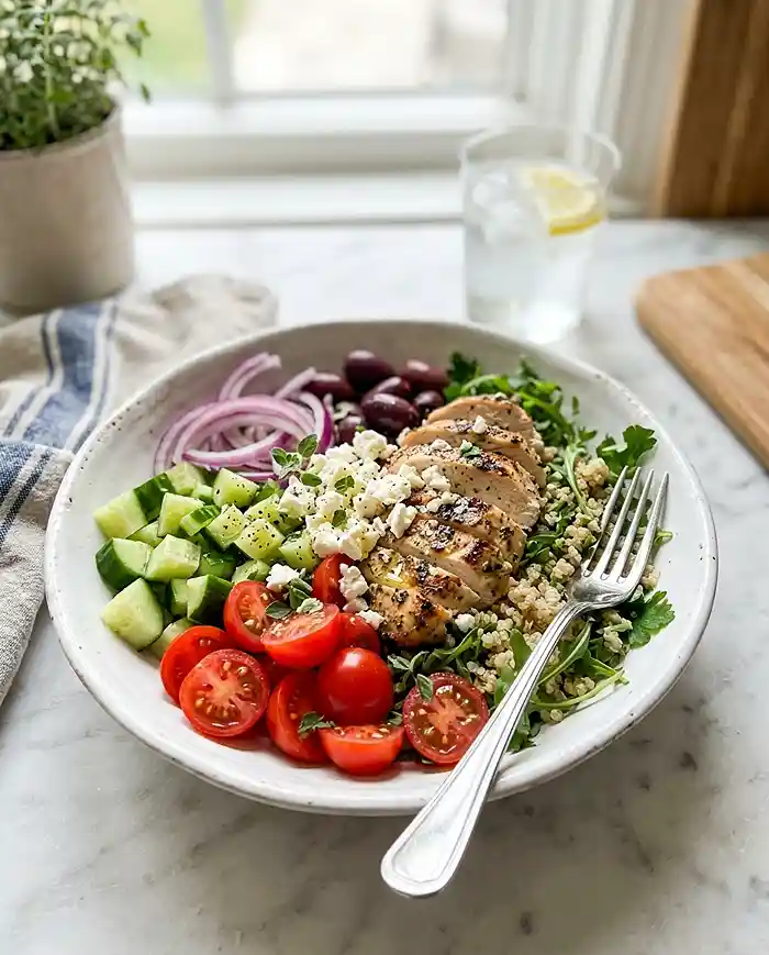Fresh gluten-free Greek chicken bowl with feta, vegetables, and grilled chicken on a kitchen counter