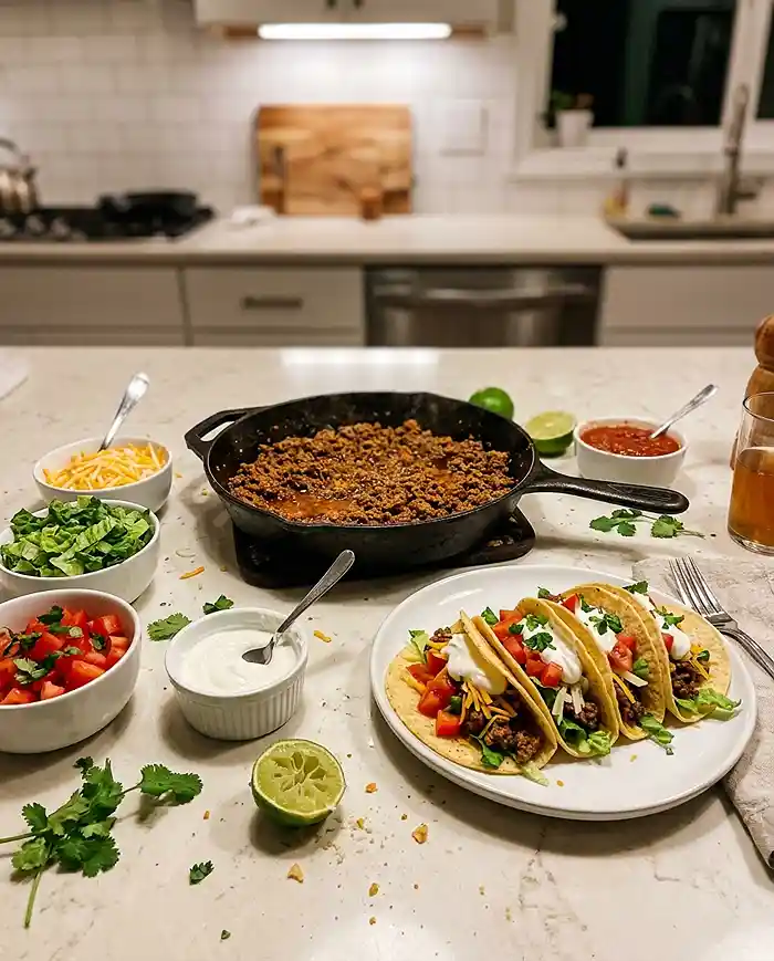 Gluten-free beef taco night spread with seasoned meat, fresh toppings, and assembled tacos on a kitchen counter