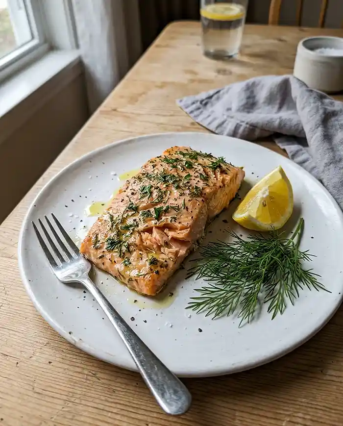 16 Gluten-Free Seafood Recipes 2 Perfectly baked gluten-free salmon fillet with fresh herbs and lemon on a dinner plate in a home kitchen