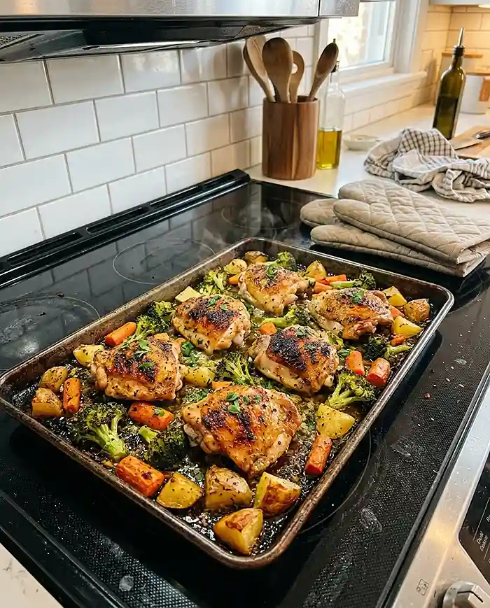 Sheet pan garlic butter chicken and roasted vegetables fresh from the oven in a home kitchen