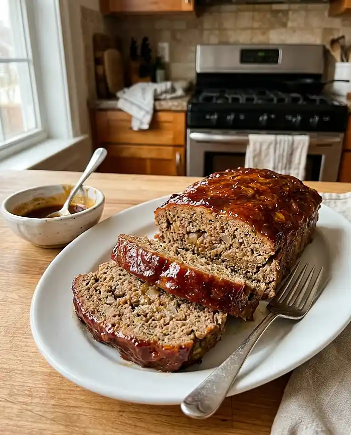 Sliced gluten-free meatloaf with tangy caramelized glaze on a serving platter in a home kitchen
