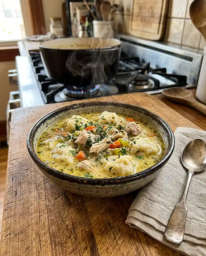 Steaming bowl of gluten-free chicken recipes and dumplings served in a cozy home kitchen