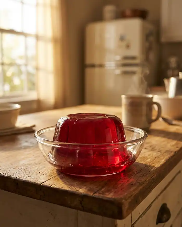 A single red gelatin dessert in a glass bowl on a cozy kitchen counter — a simple gelatin recipe for weight loss
