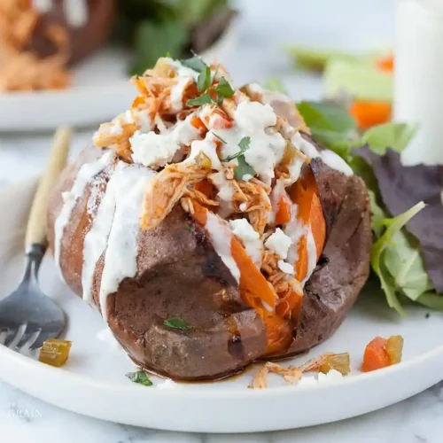 Buffalo Chicken Stuffed Sweet Potatoes