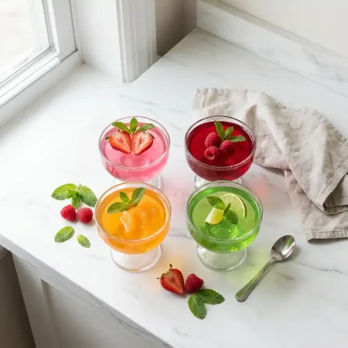 Four colorful gelatin recipes for weight loss in glass cups on a marble surface with fresh fruit garnishes