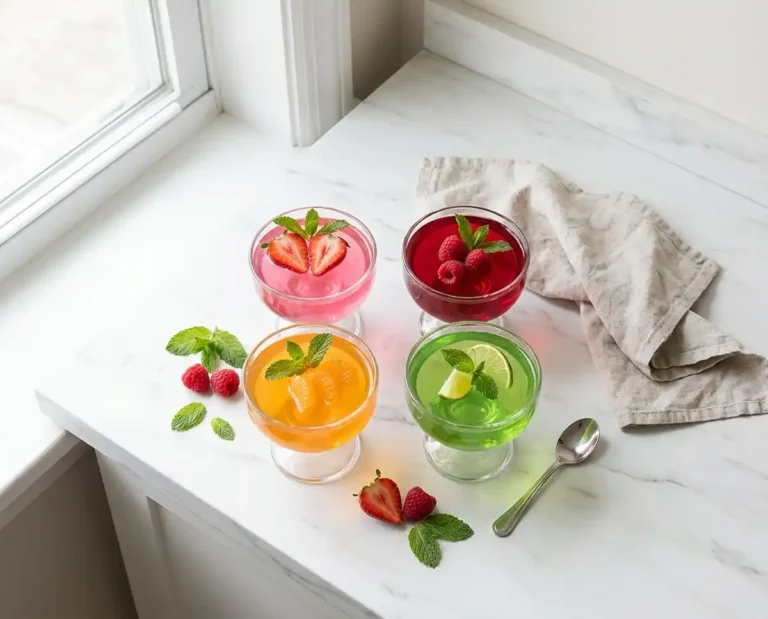 Four colorful gelatin recipes for weight loss in glass cups on a marble surface with fresh fruit garnishes