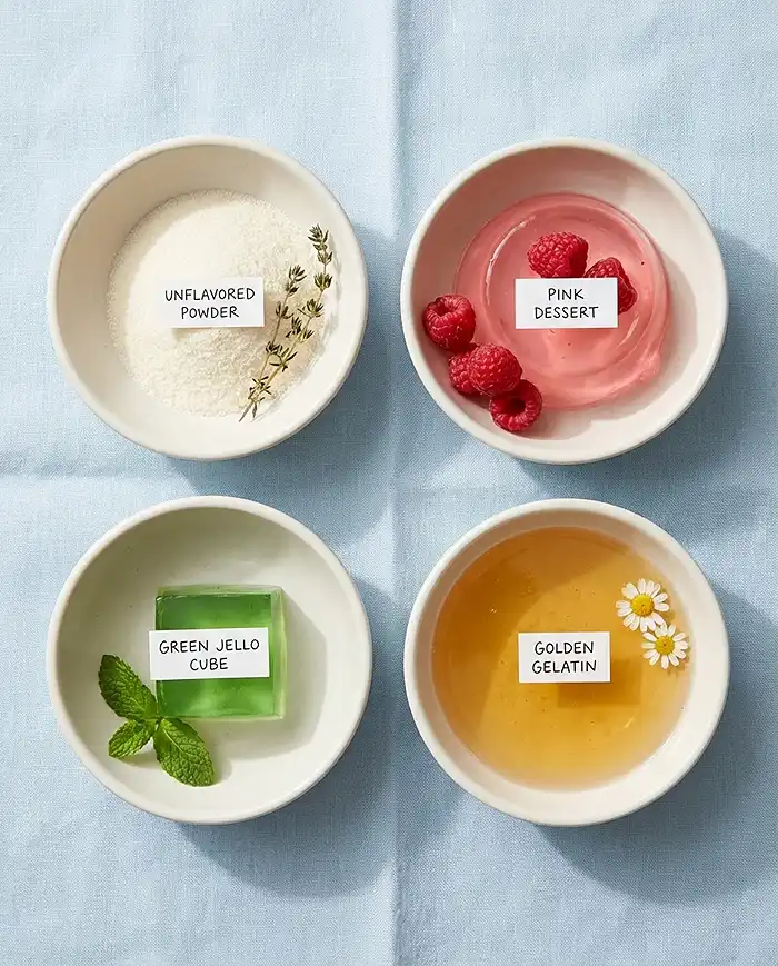 Four types of gelatin side by side showing options for gelatin trick recipes for weight loss