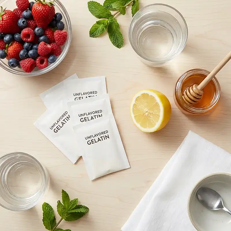 Simple ingredients for a 3-ingredient gelatin recipe for weight loss laid out on a wooden surface