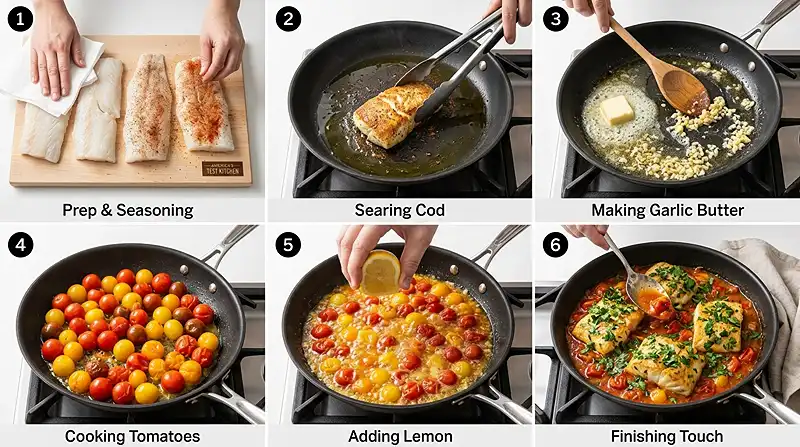 Gluten-Free Garlic Butter Cod 3 burst tomato skillet