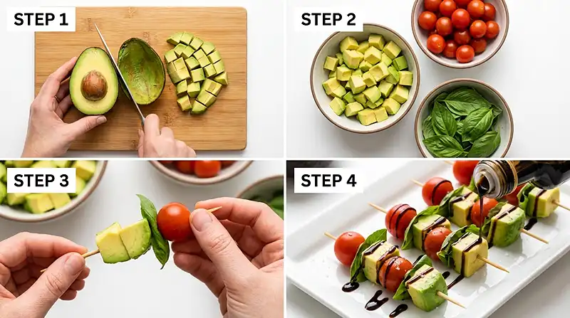 Gluten-Free Avocado Caprese Skewers 3 gluten free skewers