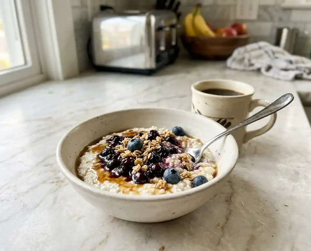 Cottage Cheese Bowls Recipes for Weight Loss 8 A cottage cheese blueberry pancake bowl with jammy blueberries and maple syrup drizzle on a marble countertop next to a coffee mug — healthy high-protein breakfast idea