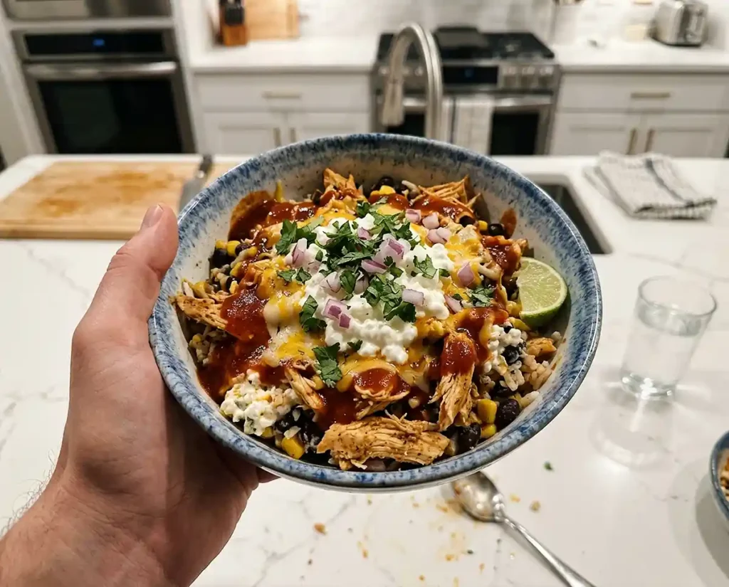 Cottage Cheese Bowls Recipes for Weight Loss 2 A hand holding a cottage cheese chicken enchilada bowl with shredded chicken, red sauce, and melted cheese in a modern kitchen — easy high-protein dinner idea