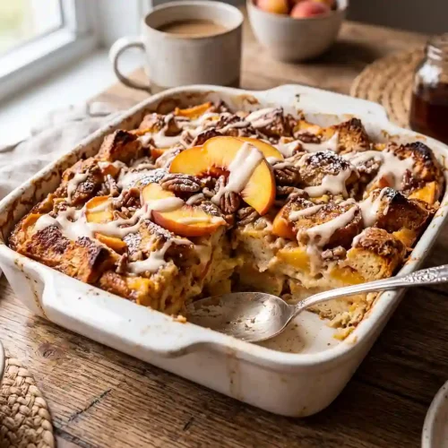 Cinnamon Peach Breakfast Bread Pudding