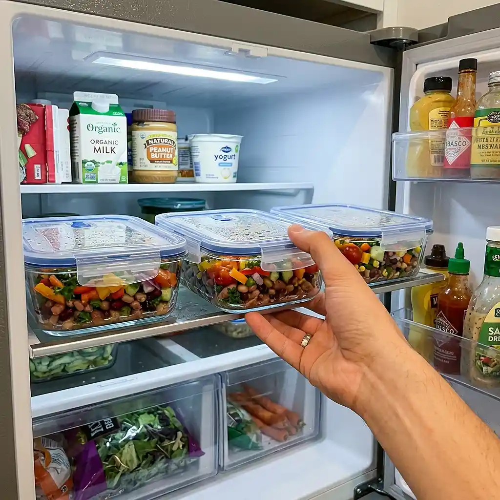 Dense Bean Salad Recipes 3 Dense bean salad meal prep stored in glass containers in the fridge