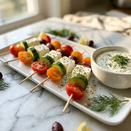 Greek Salad Skewers with Dill Dip 5 Gluten-Free Greek Salad Skewers with Dill Dip