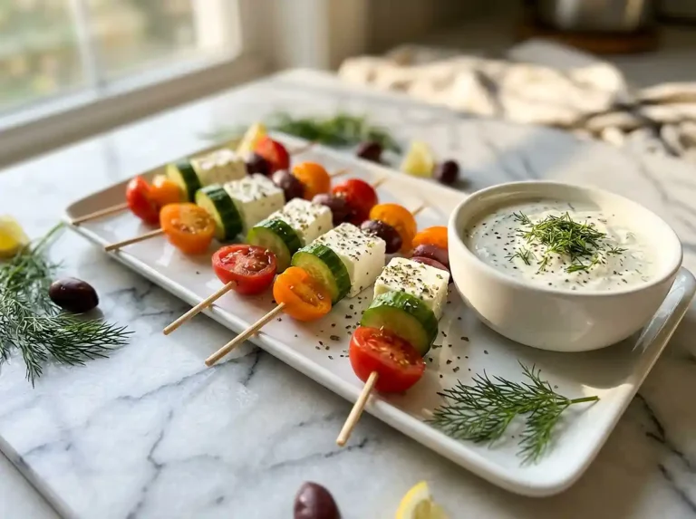 Gluten-Free Greek Salad Skewers with Dill Dip
