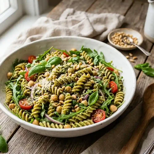 Gluten-Free Pesto Chickpea Pasta Salad