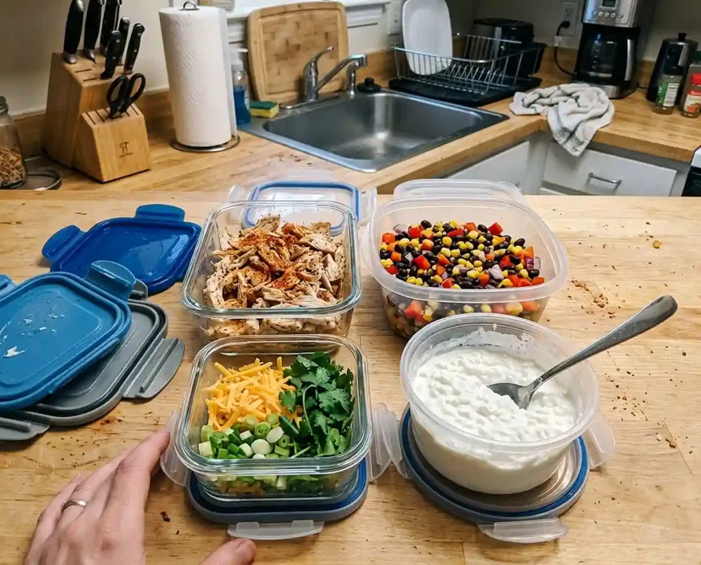 Cottage Cheese Bowls Recipes for Weight Loss 10 Meal prep containers with cottage cheese bowl ingredients stored separately — shredded chicken, vegetables, cottage cheese, and toppings ready for the week in a modern kitchen