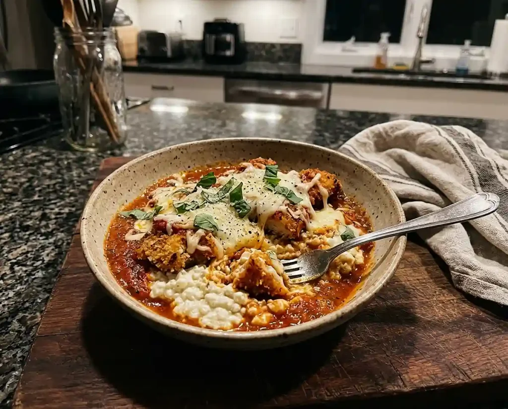 Cottage Cheese Bowls Recipes for Weight Loss 5 Overhead view of a chicken parmesan cottage cheese bowl with crispy chicken, marinara sauce, and melted mozzarella on a cutting board — high-protein comfort food recipe