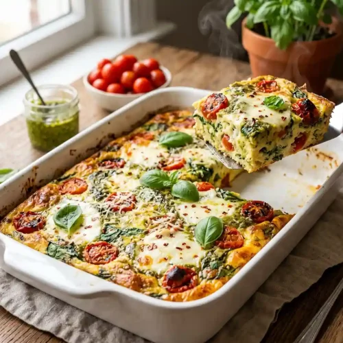 Pesto Mozzarella Tomato Egg Casserole