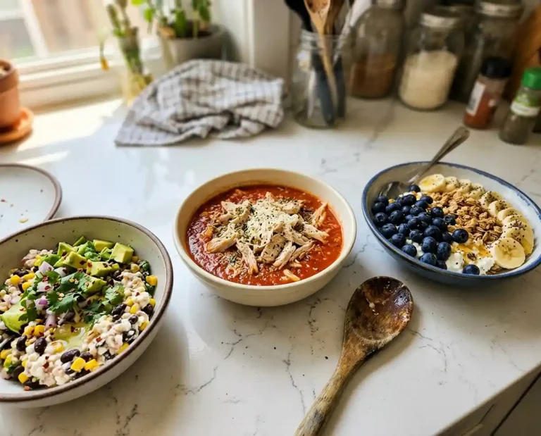 Three colorful cottage cheese bowls recipes for weight loss arranged on a modern kitchen countertop