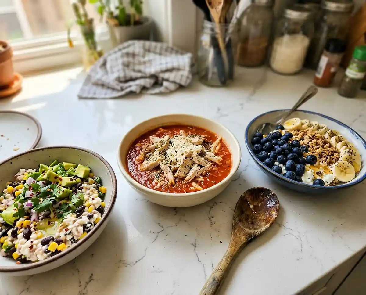 Three colorful cottage cheese bowls recipes for weight loss arranged on a modern kitchen countertop