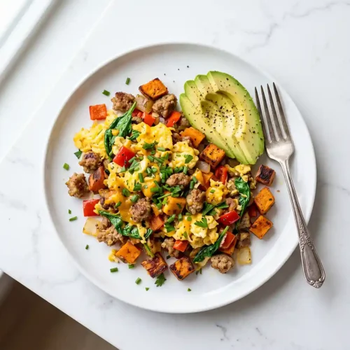 Turkey Sausage Sweet Potato Breakfast Scramble