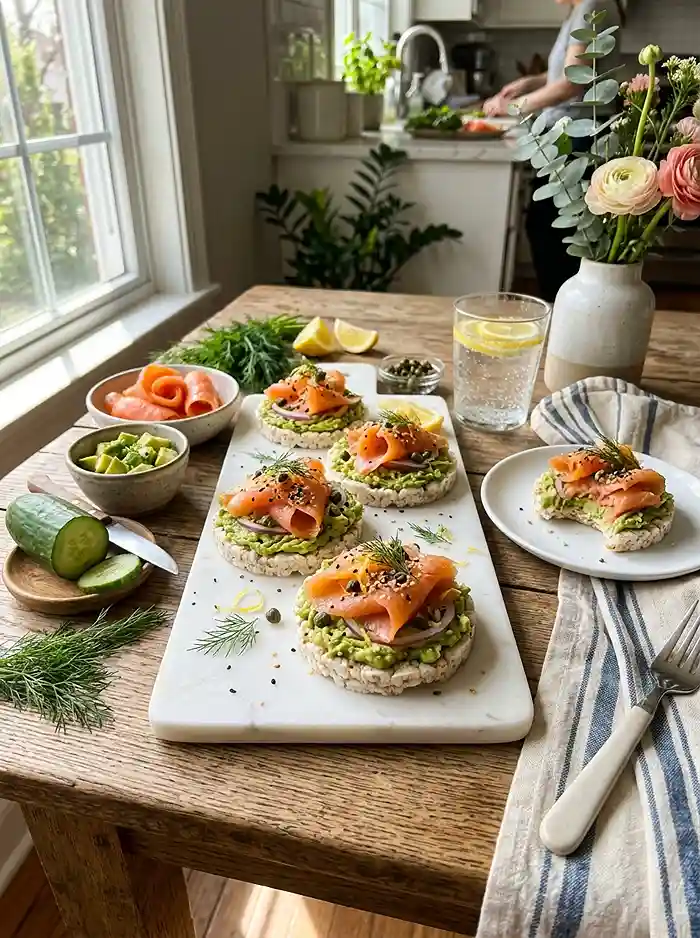 Gluten-Free Smoked Salmon Avocado Rice Cakes 4 avocado breakfast
