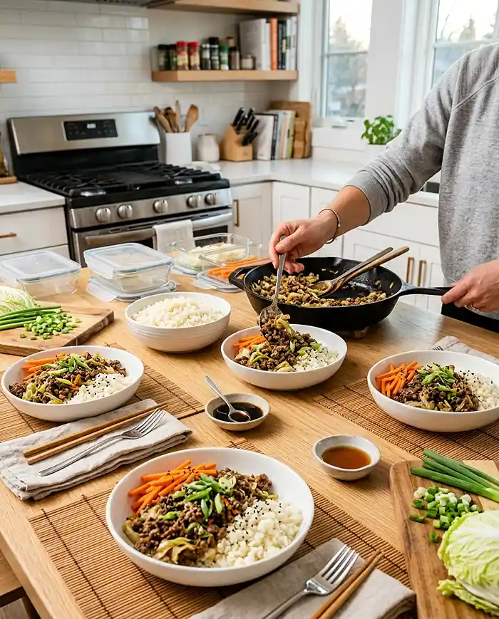 High-Protein GF Egg Roll Beef Bowls 4 beef meal prep lunch