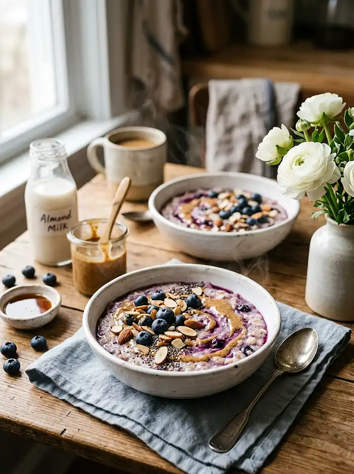 Blueberry Almond Butter Protein Oatmeal 4 blueberry breakfast
