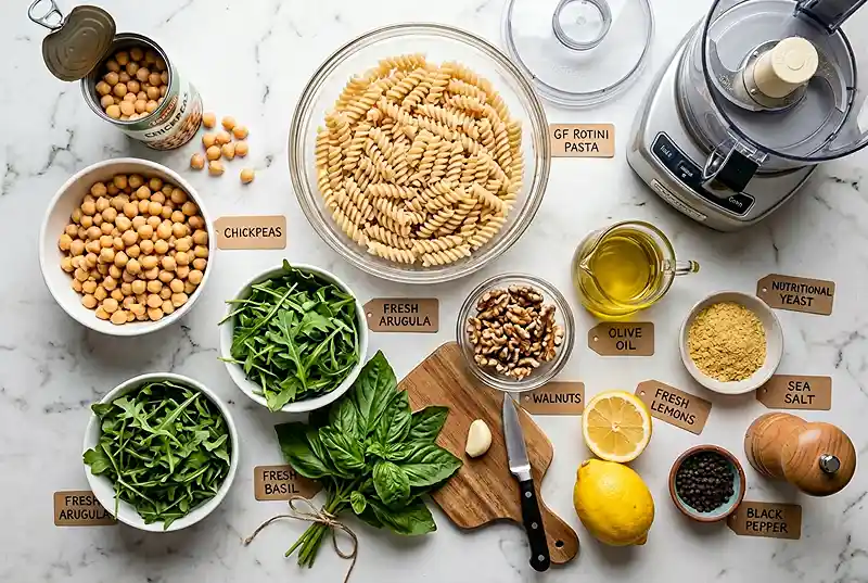 budget pesto chickpea pasta salad
