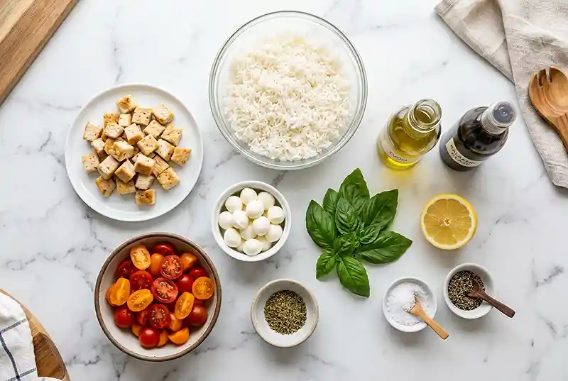 Gluten-Free Caprese Chicken Rice Salad 2 cold chicken rice salad