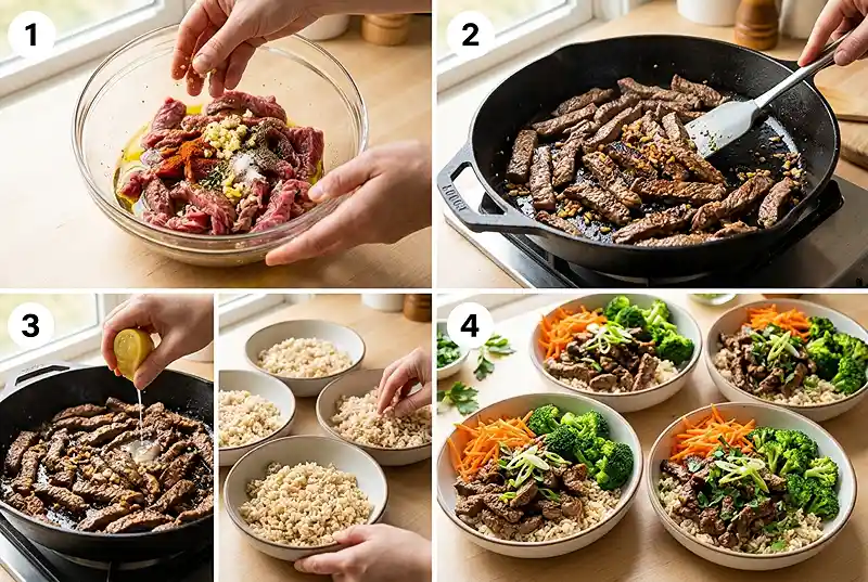 High-Protein GF Garlic Steak Rice Bowls 3 garlic steak meal prep