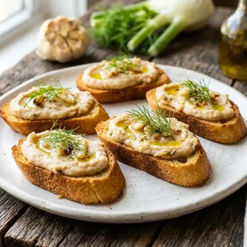 gluten-free Roasted Garlic White Bean Crostini