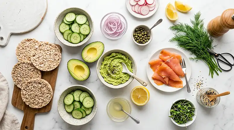 Gluten-Free Smoked Salmon Avocado Rice Cakes 2 gluten-free breakfast rice cakes