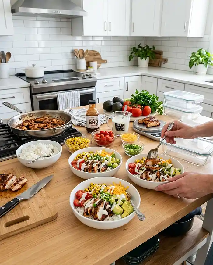 High-Protein GF BBQ Chicken Ranch Rice Bowls 4 gluten-free protein lunch