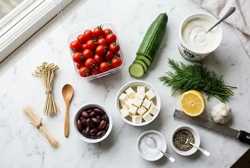 Greek Salad Skewers with Dill Dip 2 gluten-free skewers