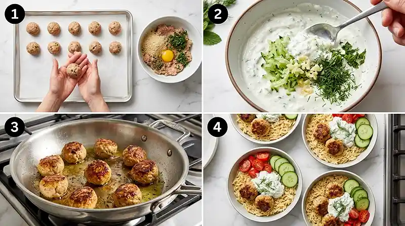 Gluten-Free Greek Meatball Orzo Lunch Bowls 3 greek meatball meal prep
