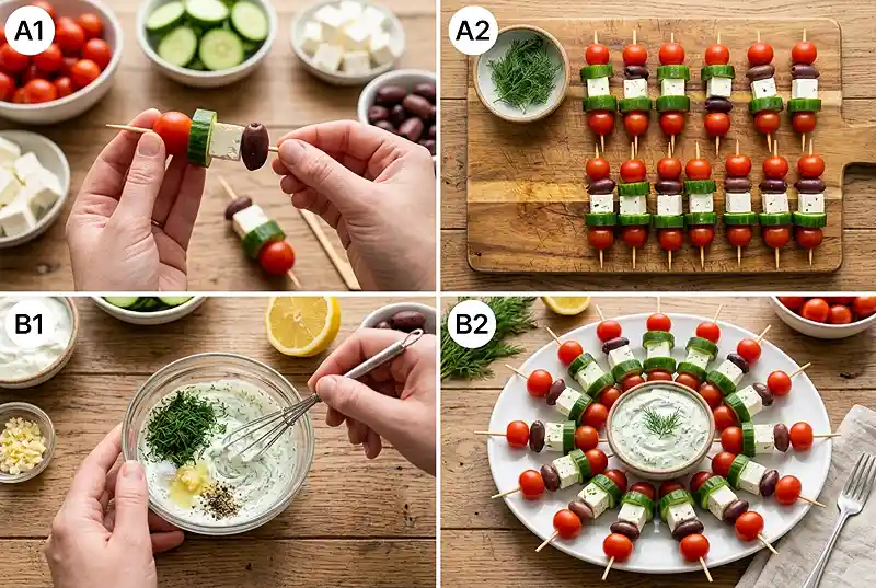 Greek Salad Skewers with Dill Dip 3 greek salad appetizer