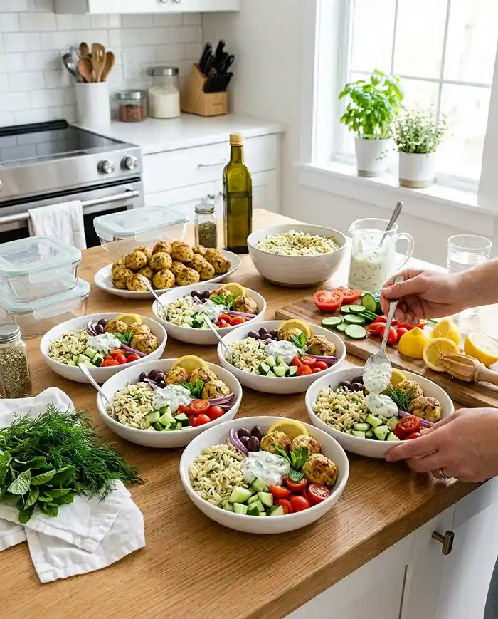 Gluten-Free Greek Meatball Orzo Lunch Bowls 4 mediterranean lunch recipe