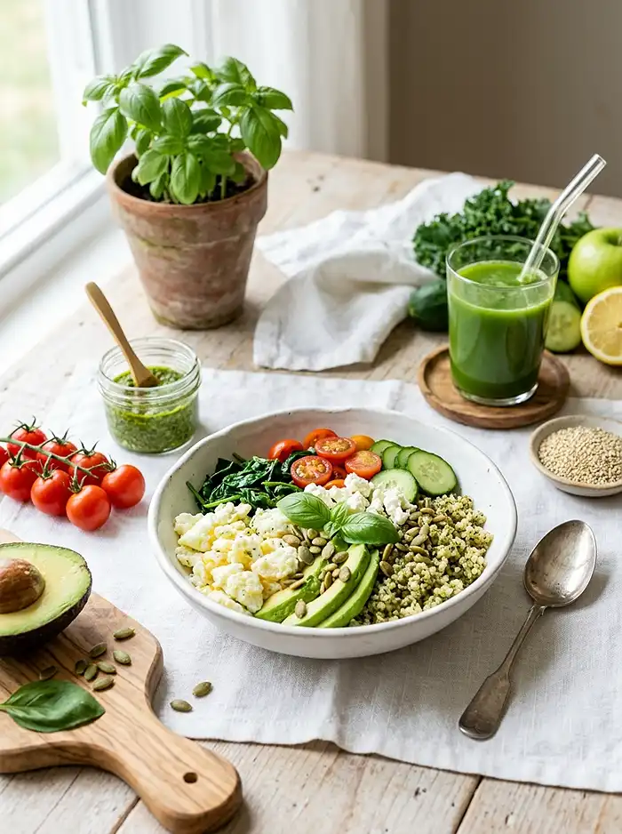 Savory Pesto Egg White Quinoa Bowl 4 quinoa breakfast bowl